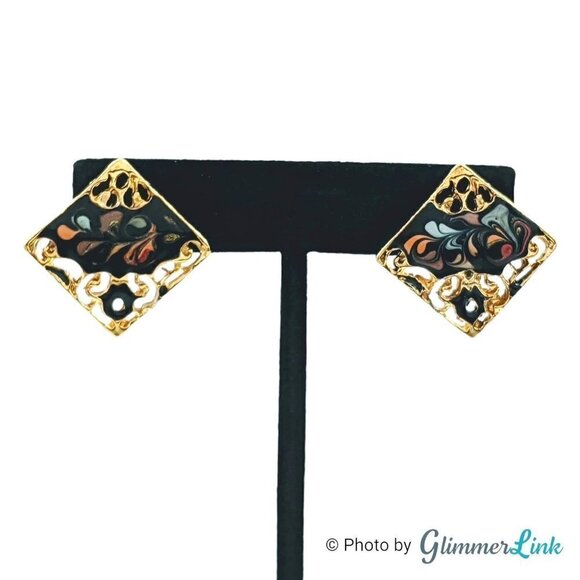 Vintage Diamond Shaped Filigree Enamel Swirls Earrings - Picture 3 of 9